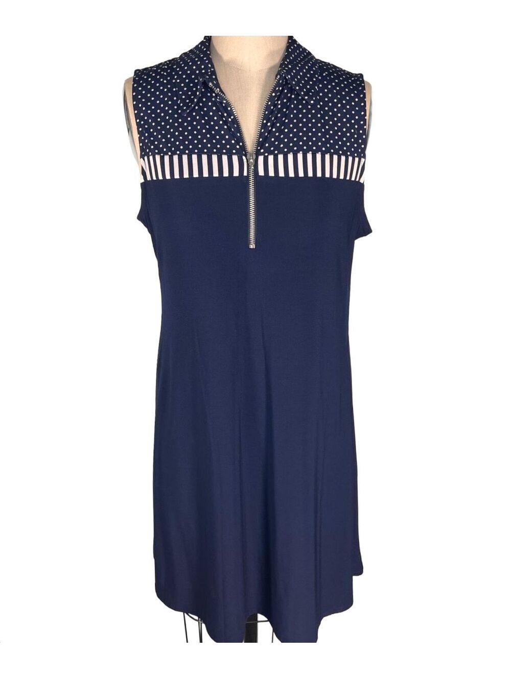 MSK Navy Blue Polka Dot Zip Front Shift Dress Nautical Retro Preppy Small